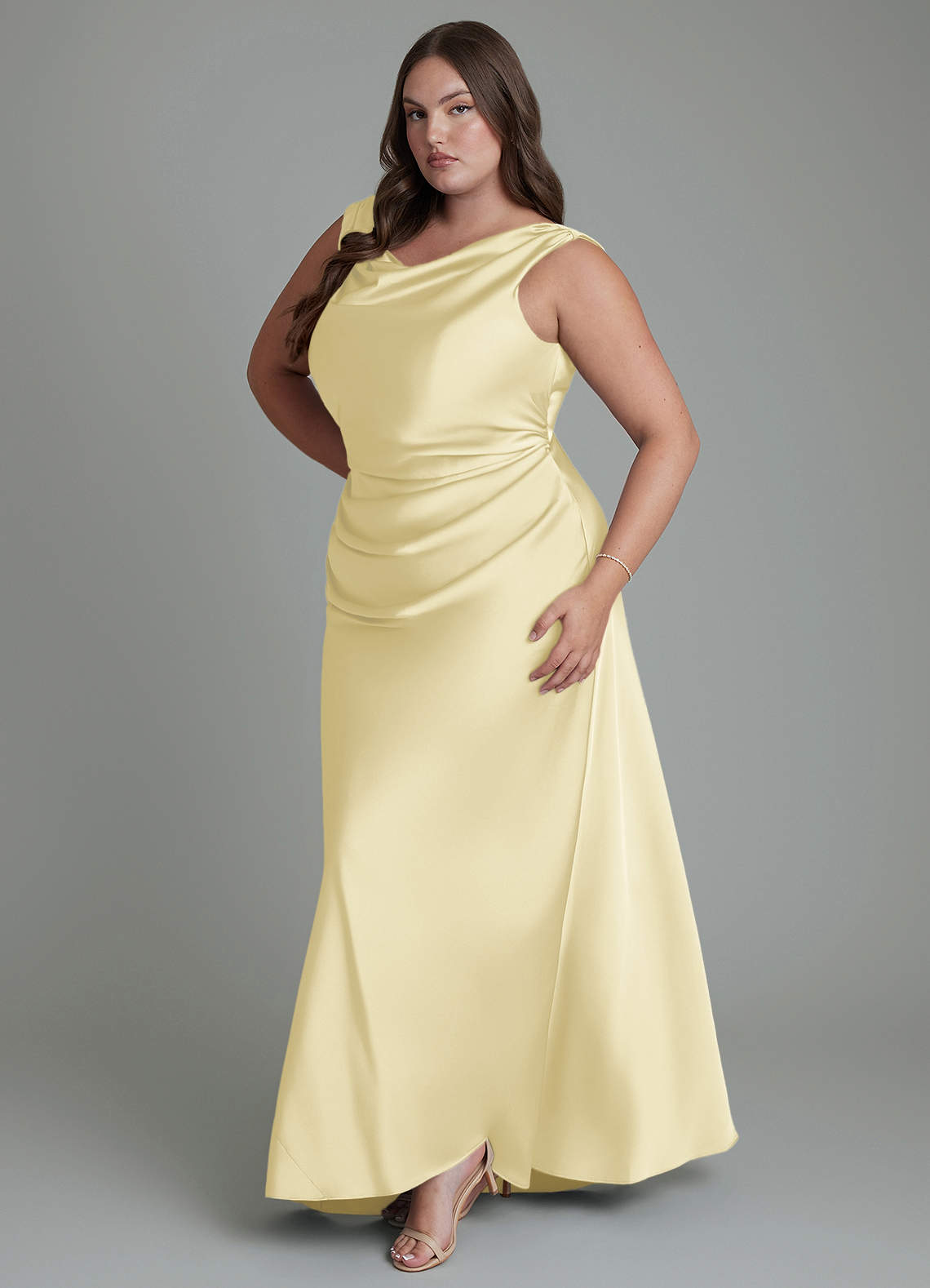 Azazie Kieryn Bridesmaid Dresses Lemon Sorbet Mermaid Pleated Stretch Satin Dress image10