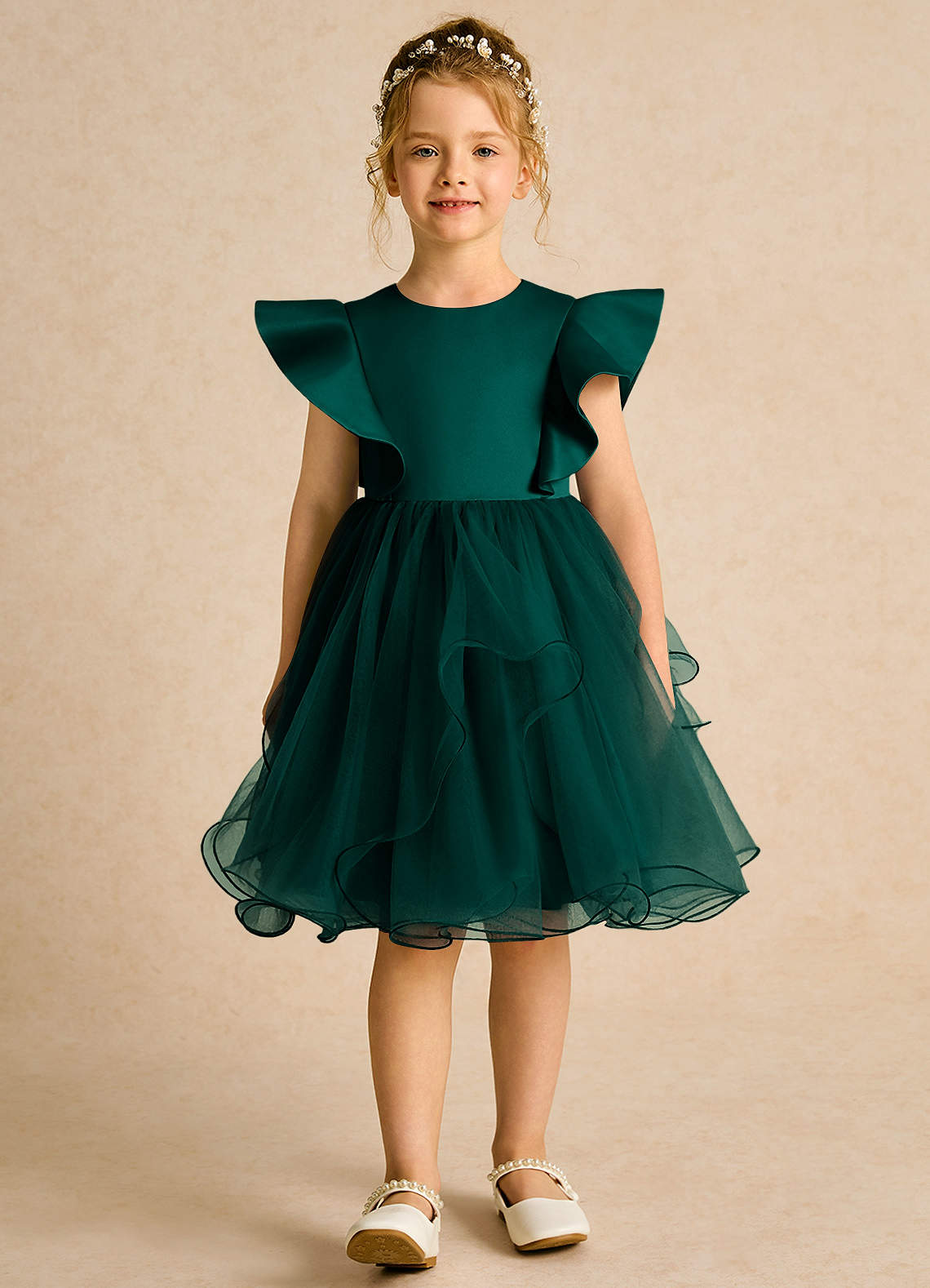 Azazie Chirp Flower Girl Dresses Pine Ball-Gown Tulle Dress image1