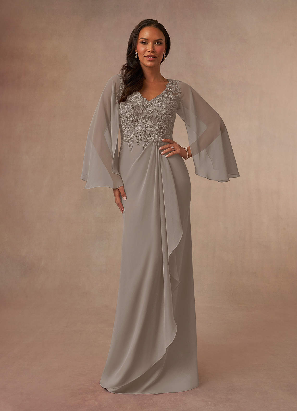 Azazie Perry Mother of the Bride Dresses Taupe Mermaid V-Neck Lace Chiffon Dress image1
