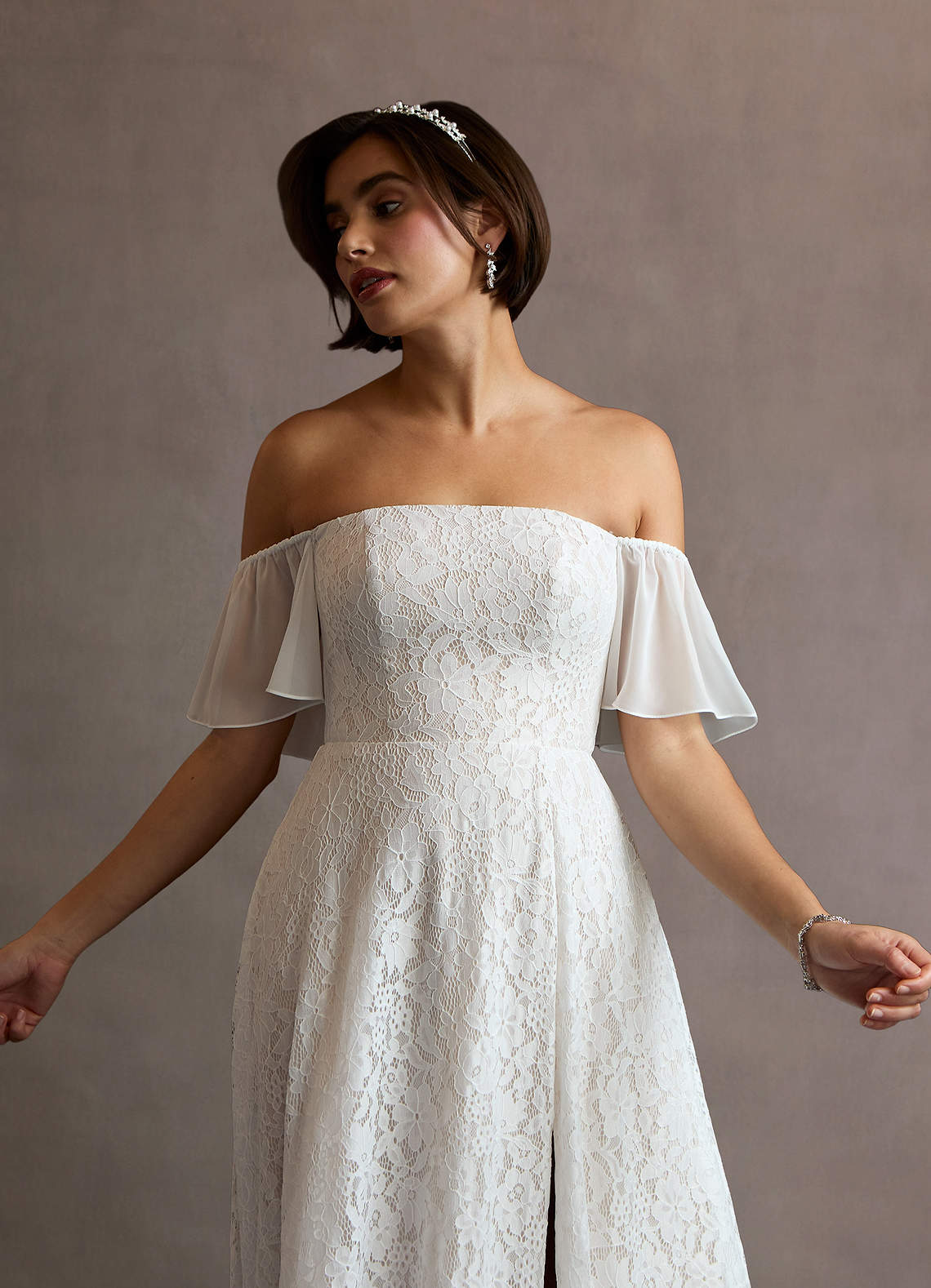 Azazie Cambri Diamond White Champagne A-Line Off the Shoulder Lace