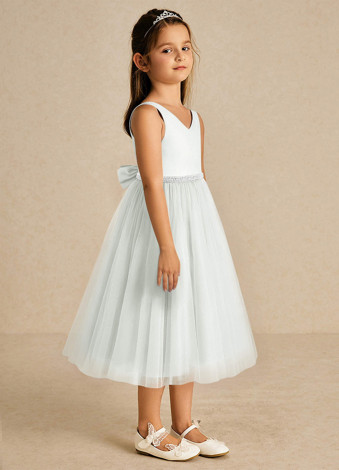 Azazie Firefly Flower Girl Dresses Ivory A-Line Bow Matte Satin Dress image3