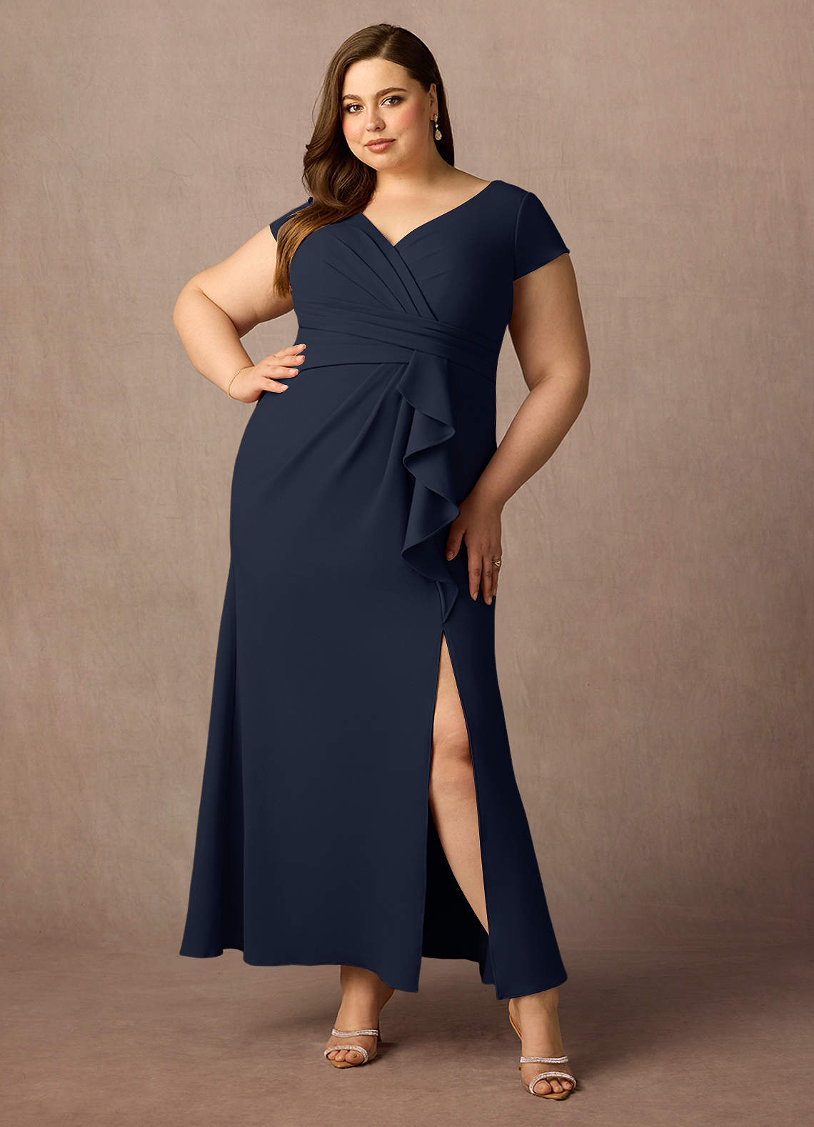Azazie Tana Final Sale Dark Navy Mermaid V-Neck Pleated Stretch Crepe Dress image1