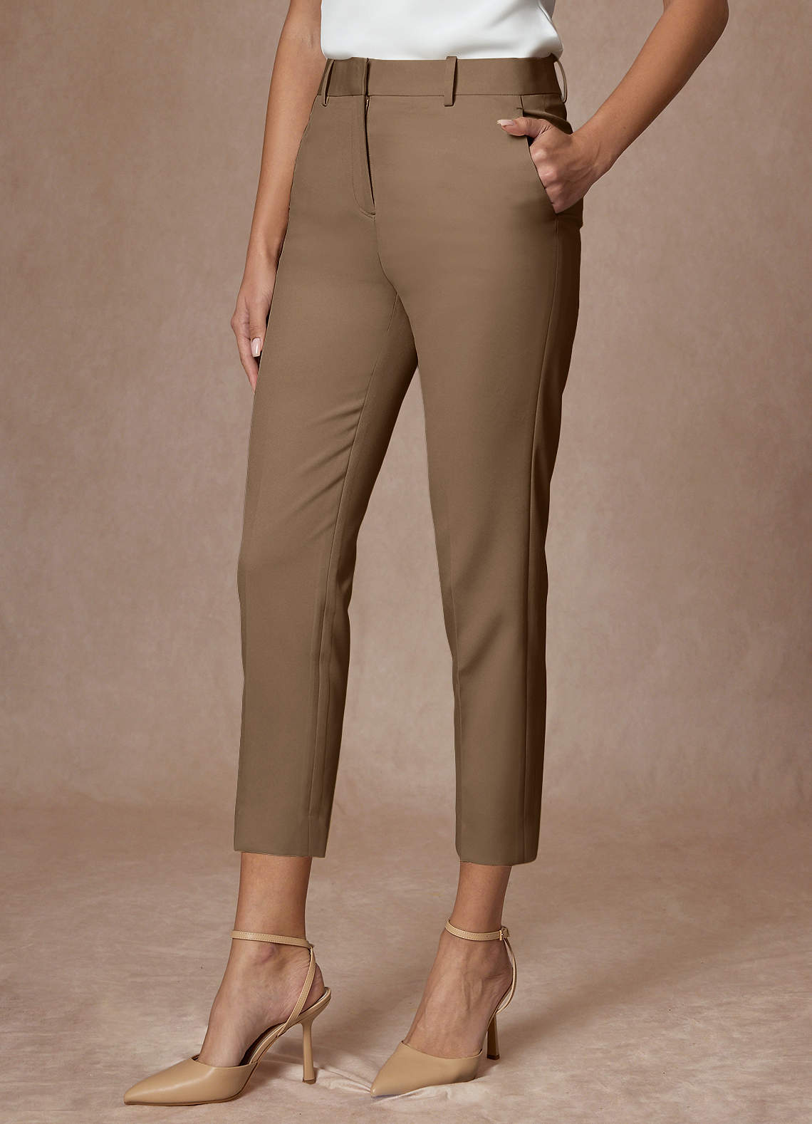 front Victoria Truffle Refined Weave Cropped Dress Pants