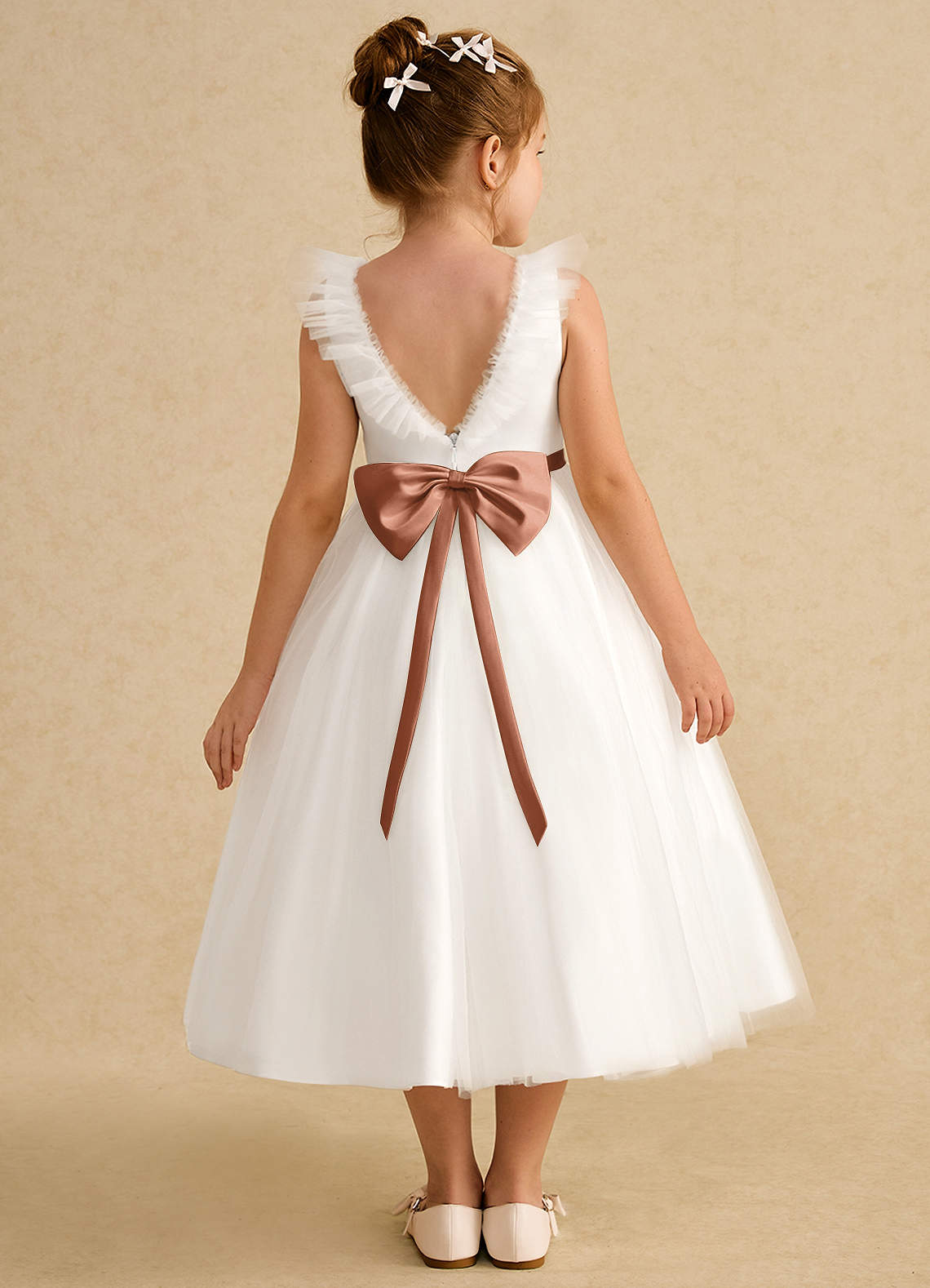 Azazie Amber Flower Girl Dresses Ivory Bronzer A-Line Bow Tulle Dress image1