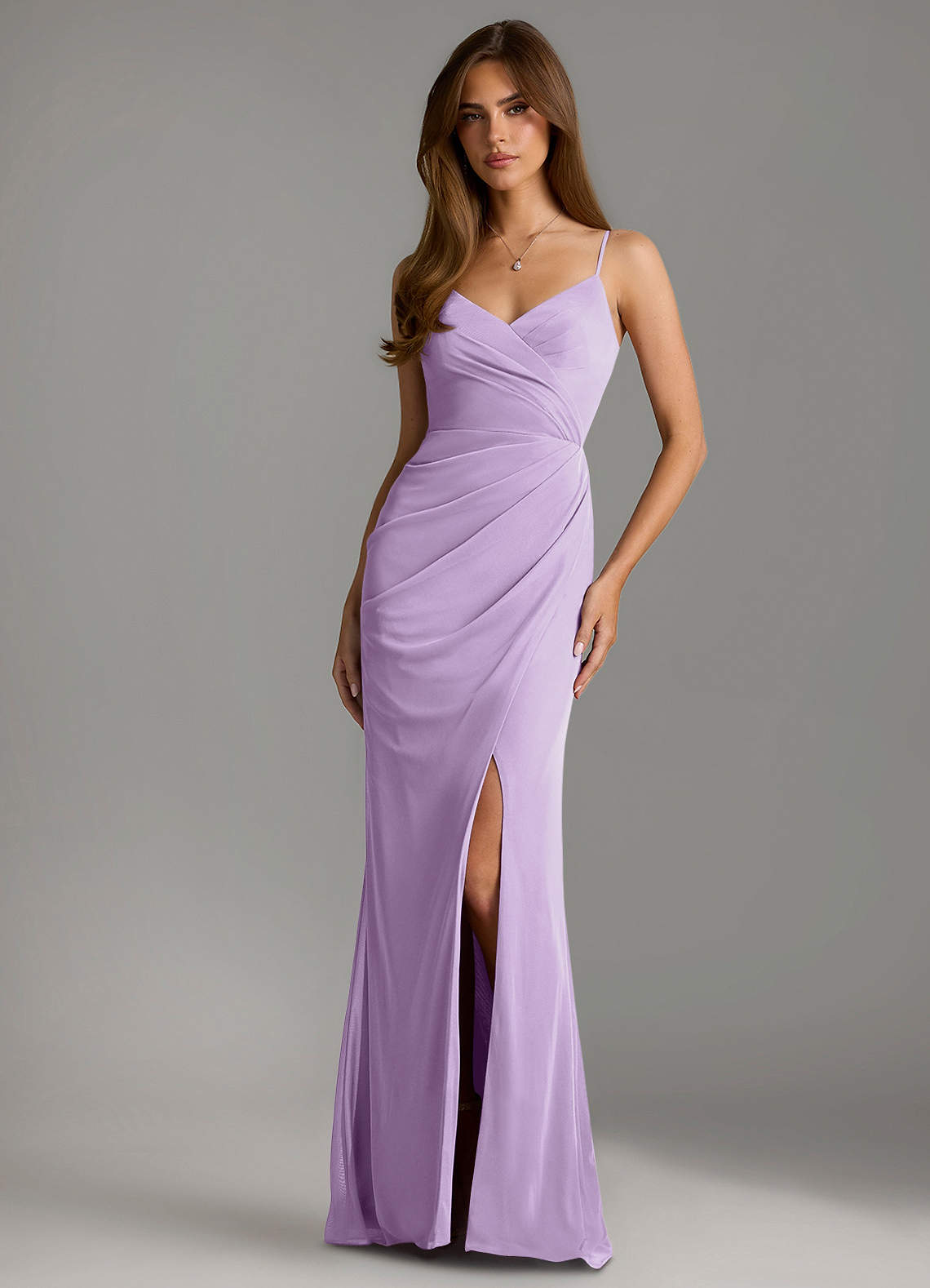 Azazie Maci Bridesmaid Dresses Lilac Sheath Pleated Mesh Dress image1