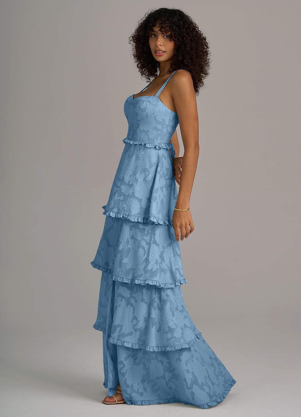 Azazie Romie Ready to Ship Steel Blue Floral Burnout Bridesmaid