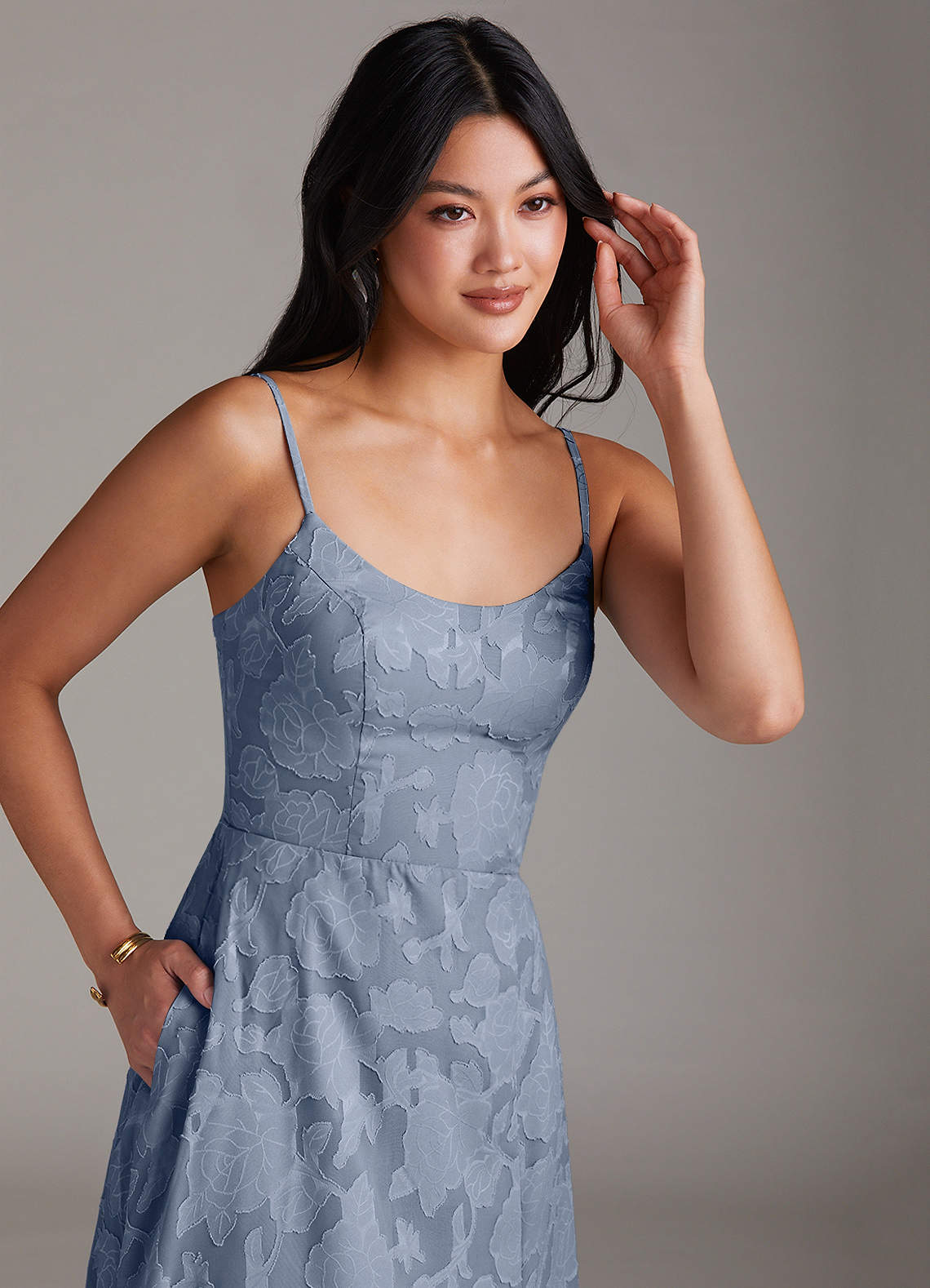 Azazie Moira Bridesmaid Dresses Dusty Blue A-Line Side Slit Floral Burnout Dress image4