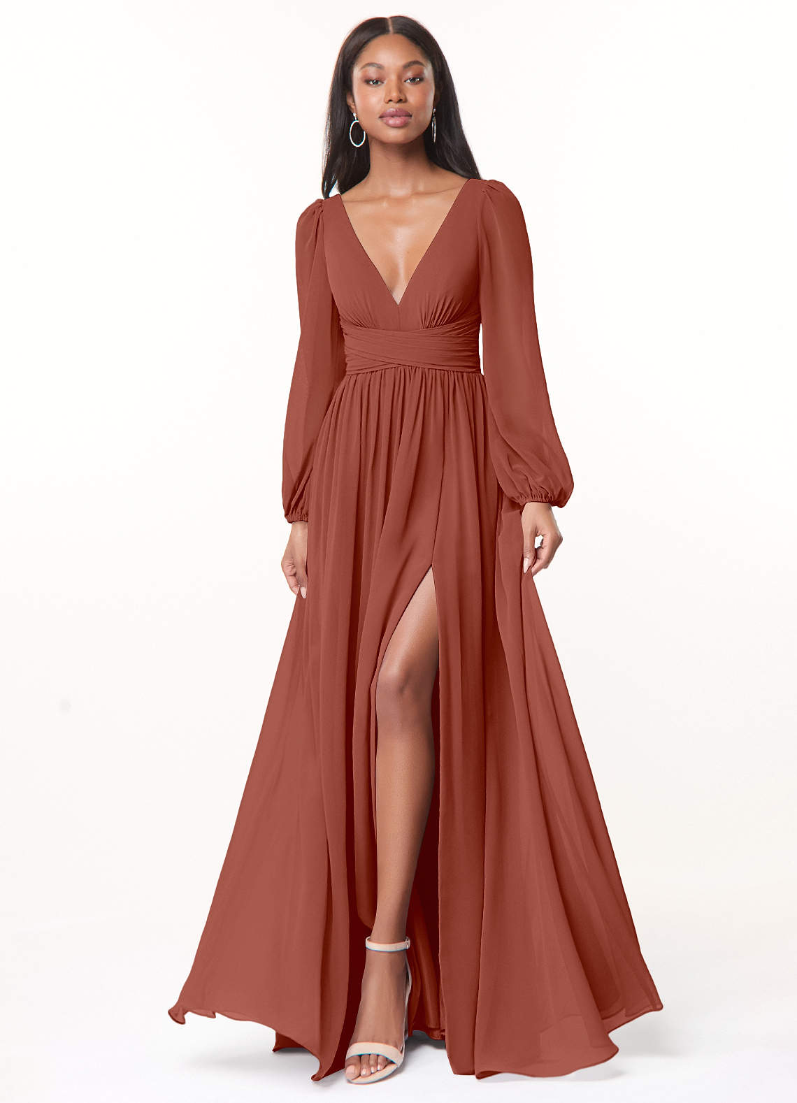 Azazie Norah Bridesmaid Dresses Auburn A-Line V-Neck Long Sleeve Chiffon Dress image1