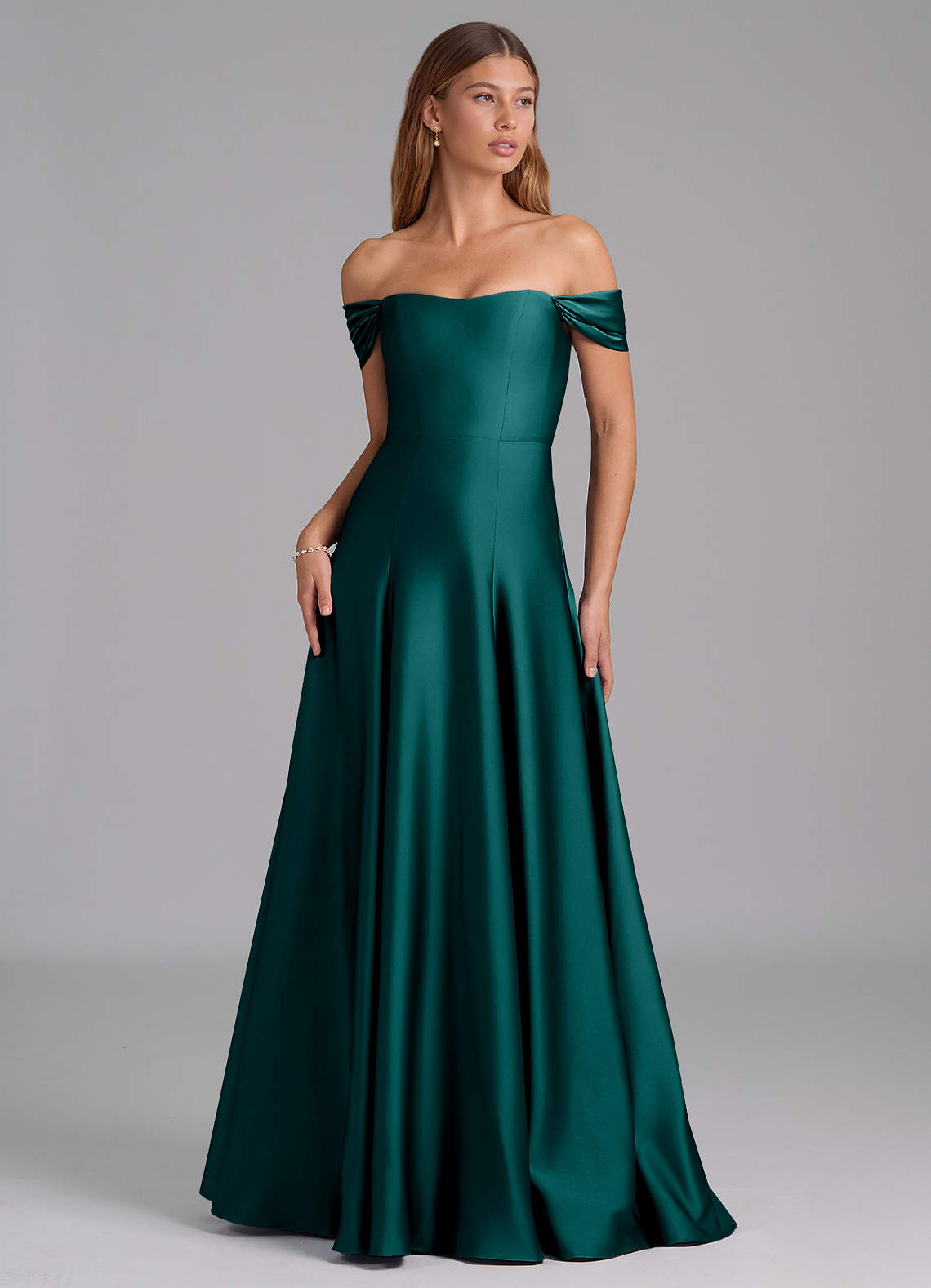Azazie Seriana Bridesmaid Dresses Peacock A-Line Off the Shoulder Stretch Satin Convertible Dress image1