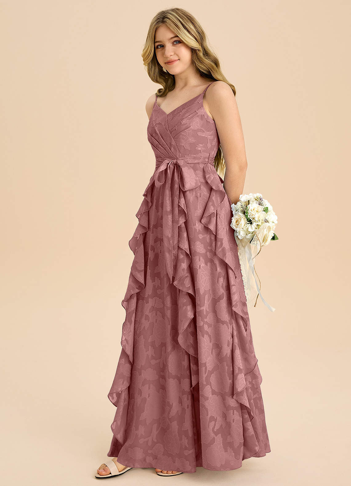 Azazie Peyton Junior Linia A Pofałdowany Kwiatowe wypalenie Długość podłogi Młodsza druhna Sukienka image4