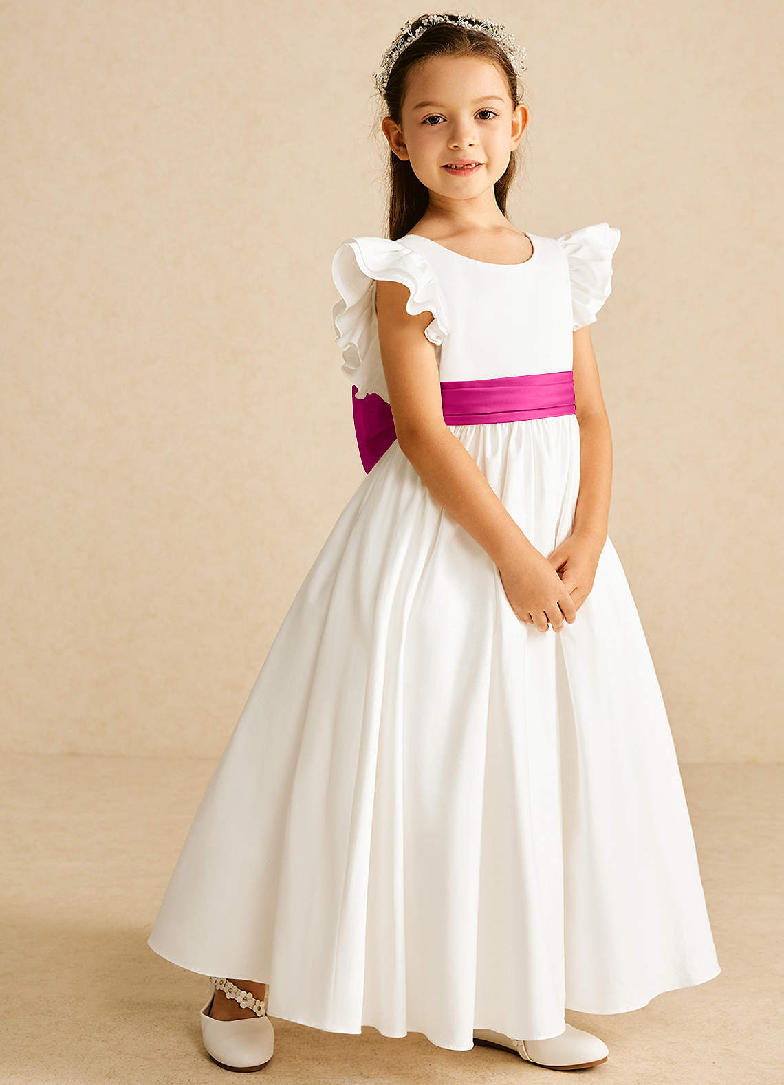 Azazie Aero Robe Demoiselle D'honneur Fillette Robe Trapèze en Coton Plissée Ivoire Fuchsia image4