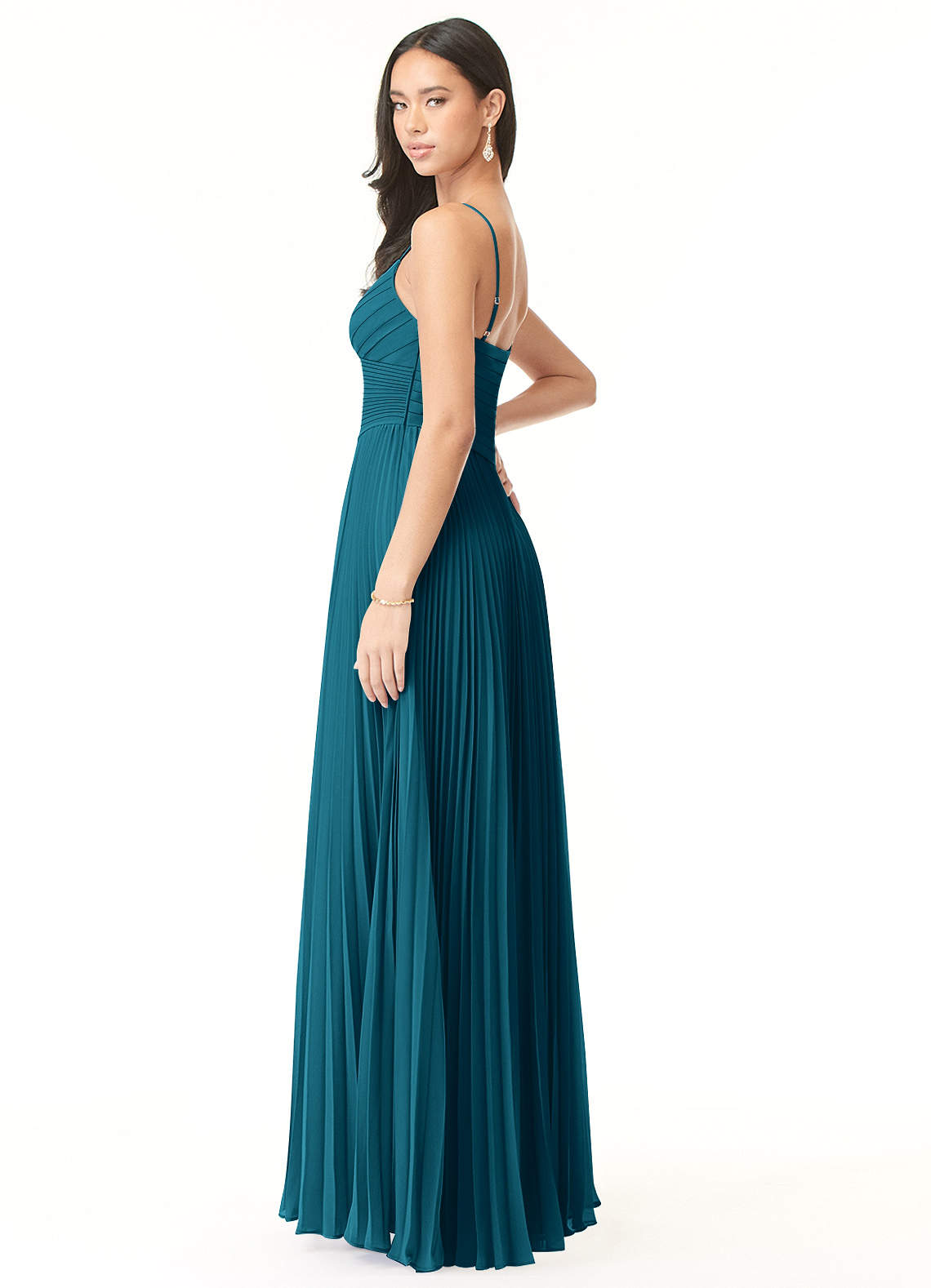 Azazie Vini Vestidos de damas de honor Vestido de Azul Tinta de Gasa de Corte en A con Cuello en V Plisado image3