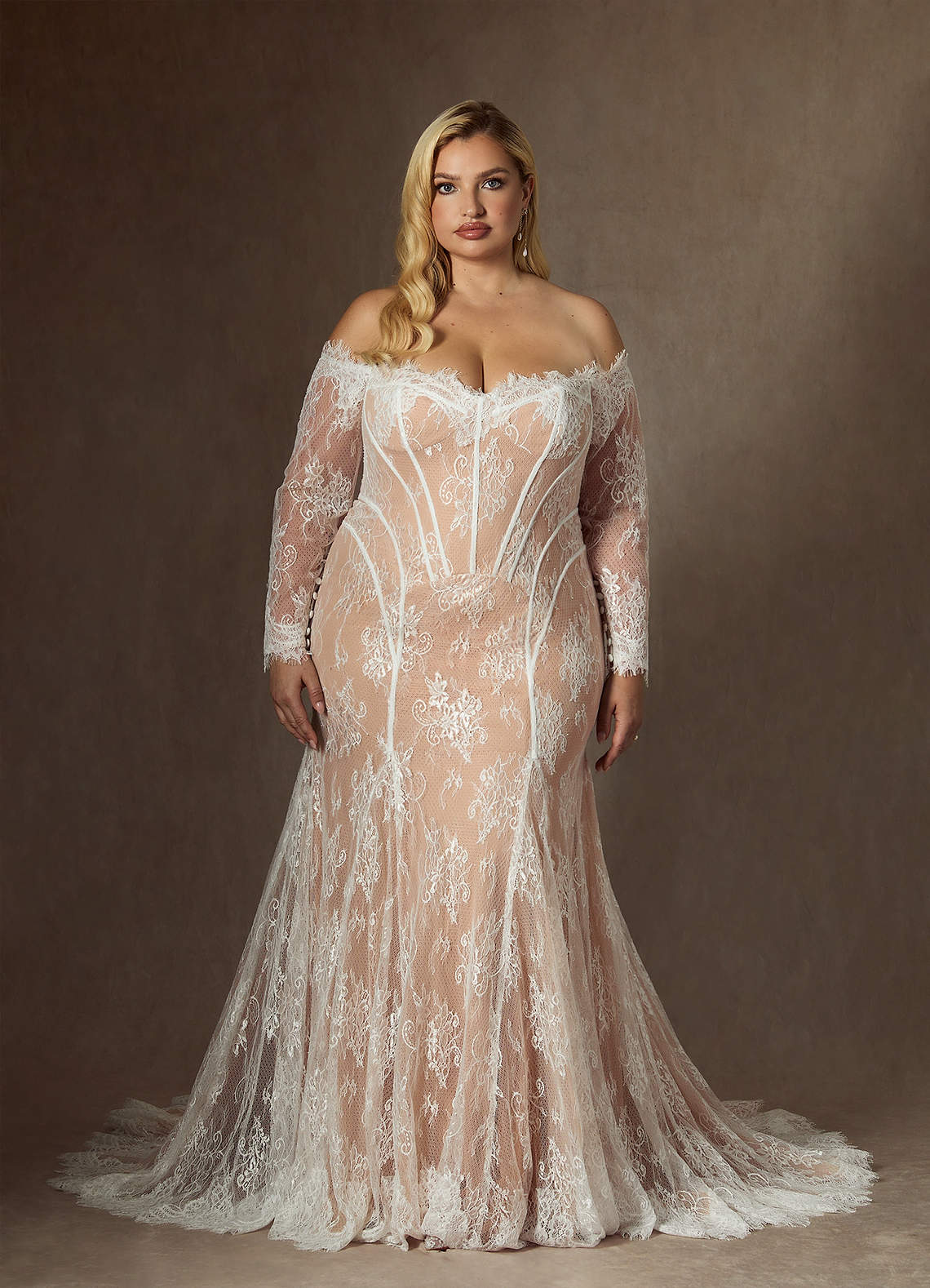 Azazie Katherine Wedding Dresses Diamond White Nude Mermaid Off the Shoulder Tulle Dress image10