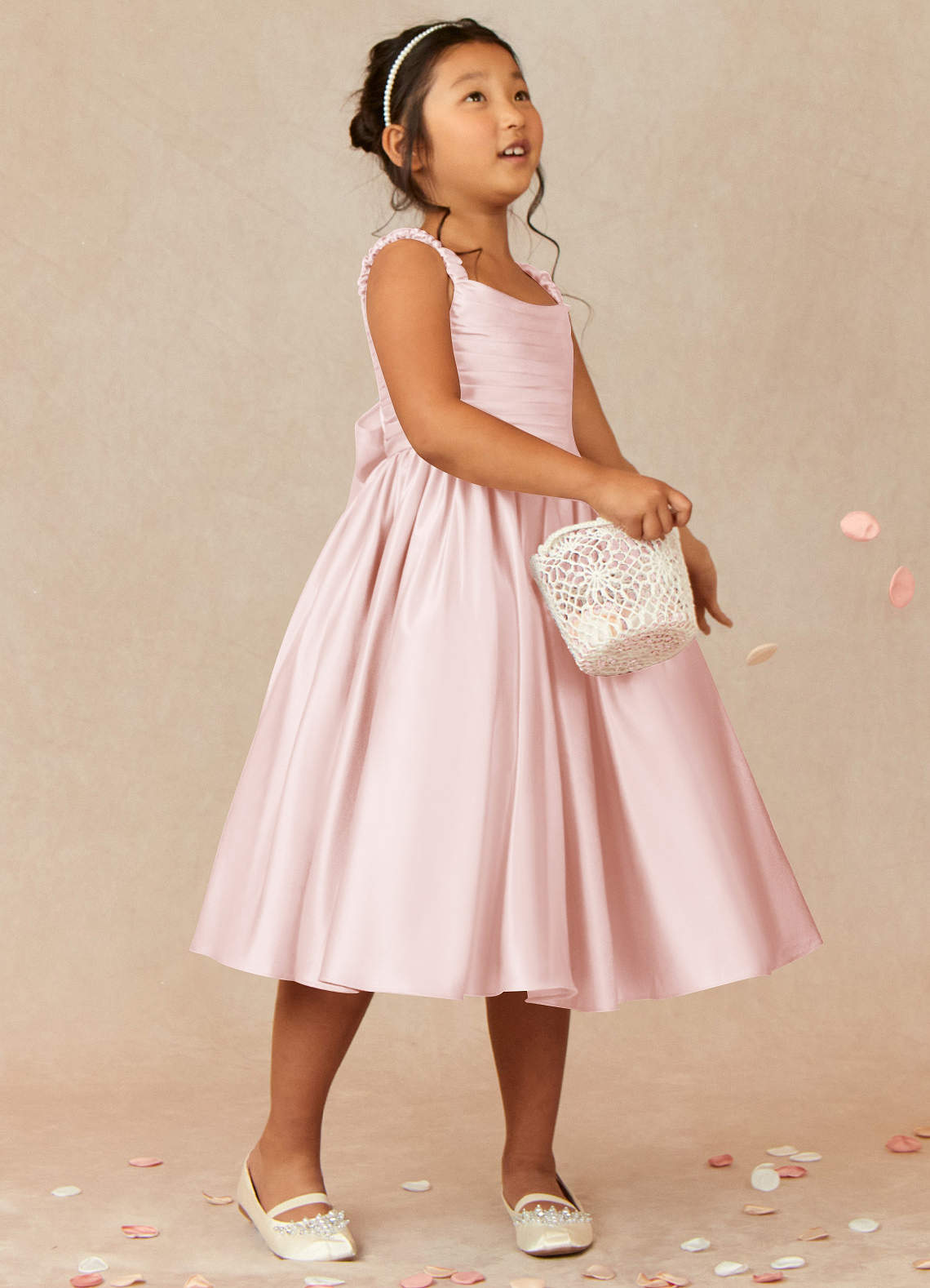 Azazie Cutie Pie Flower Girl Dresses Blushing Pink A-Line Pleated Matte Satin Dress image1
