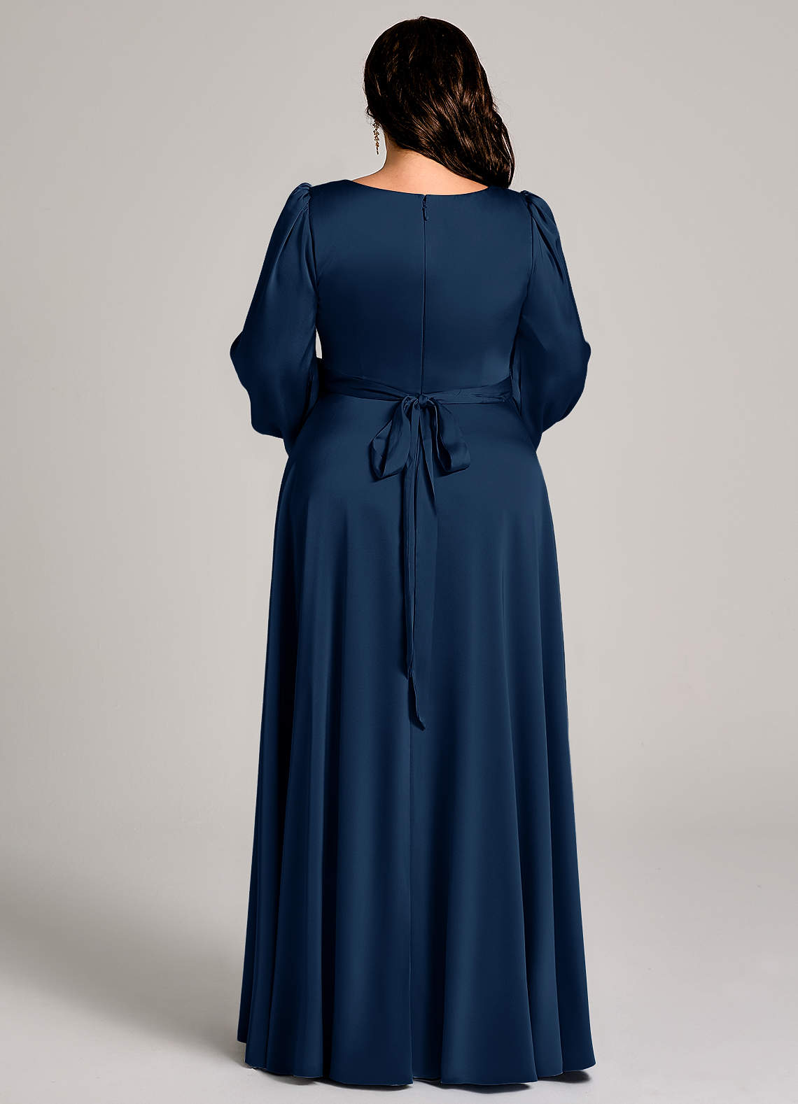 Azazie Leonia Bridesmaid Dresses Dark Navy A-Line Long Sleeve Stretch Satin Dress image12