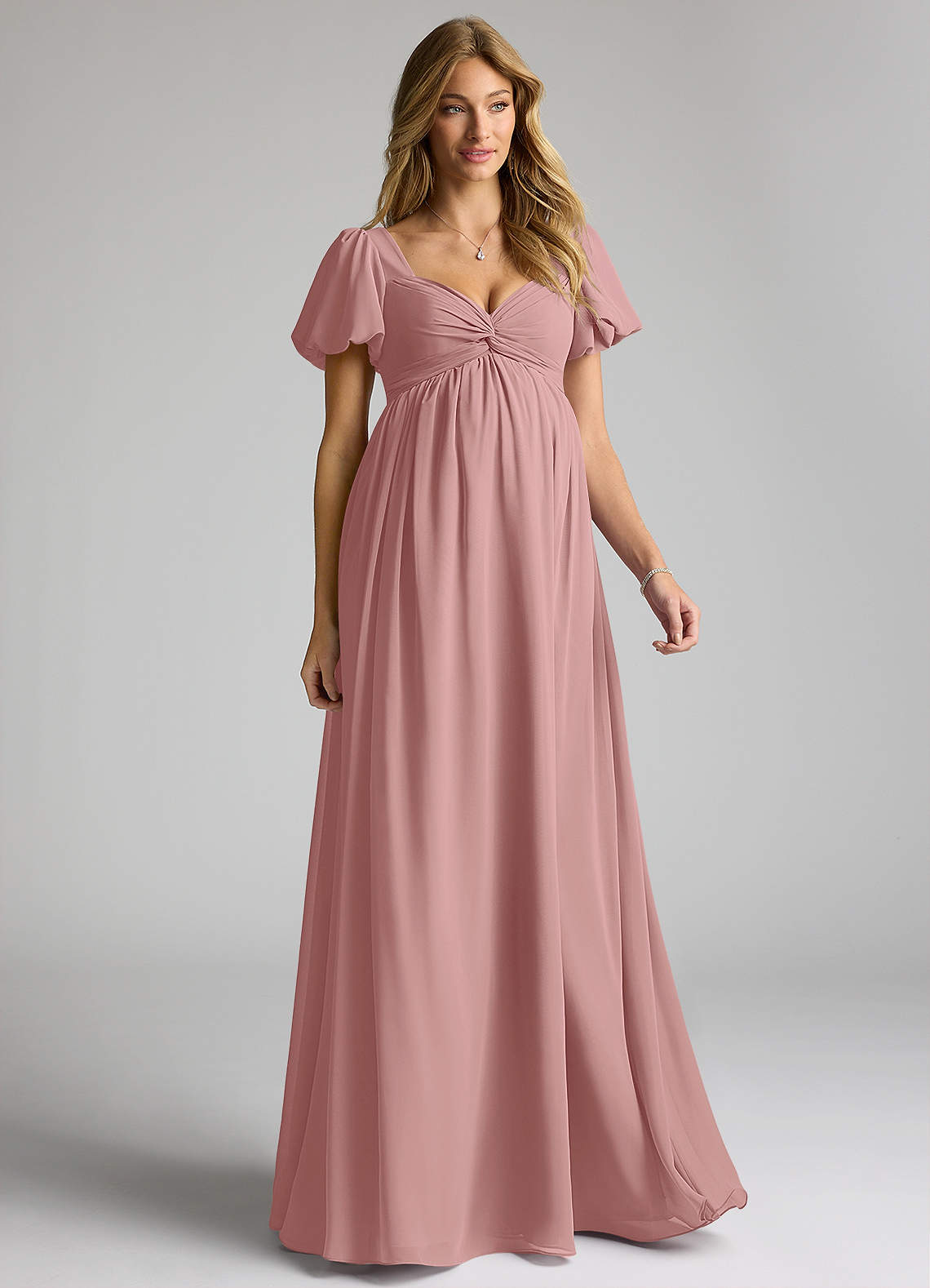 Azazie Madisynn Brautjungfernkleider für Schwangere Schleifen Chiffon Bodenlänge Kleid image1