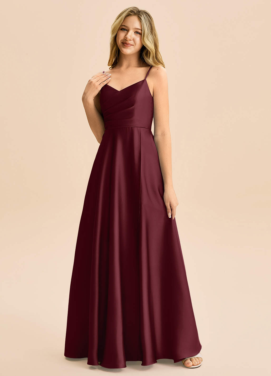 Azazie Rumi Junior Linia A Pofałdowany Satyna elastyczna Długość podłogi Młodsza druhna Sukienka image2