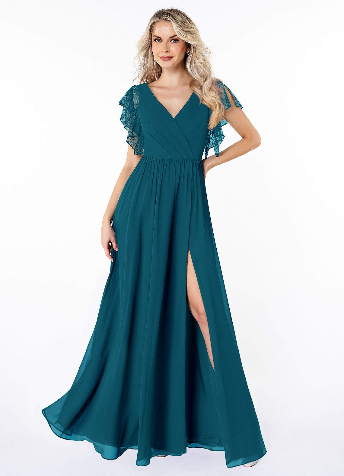 Azazie Zella Bridesmaid Dresses Ink Blue A-Line Lace Chiffon Dress image1