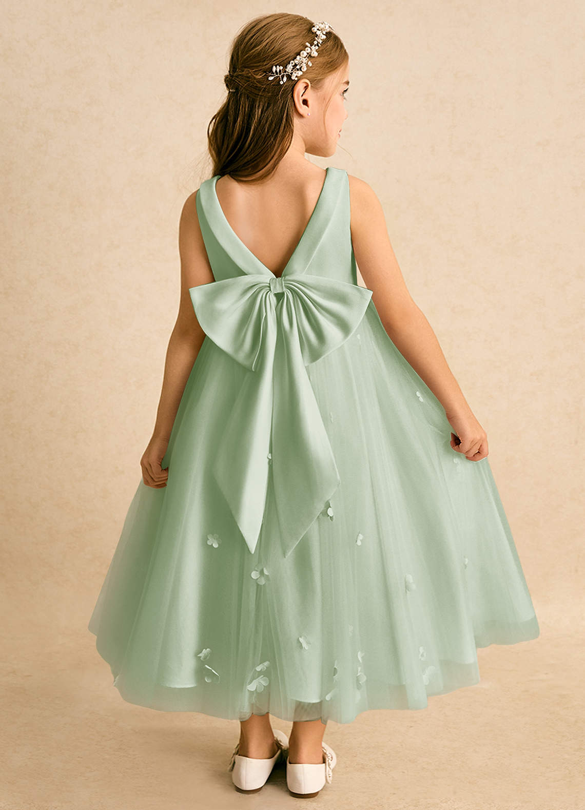 Azazie Angel Flower Girl Dresses Dusty Sage Ball-Gown Bow Tulle Dress image1