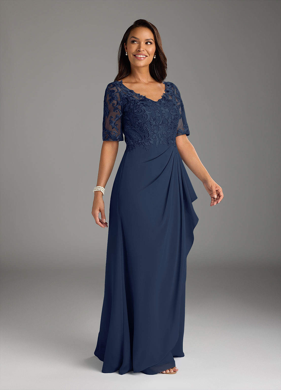 Azazie Amedeus Mother of the Bride Dresses Dark Navy A-Line V-Neck Lace Chiffon Dress image6