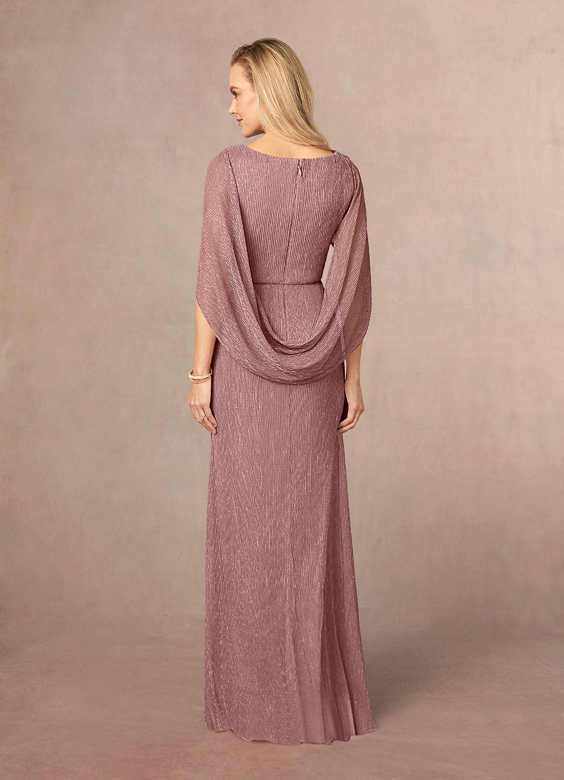 Azazie Paige Mother of the Bride Dresses Dusty Rose Sheath Pleated Cape Metallic Mesh Dress image2