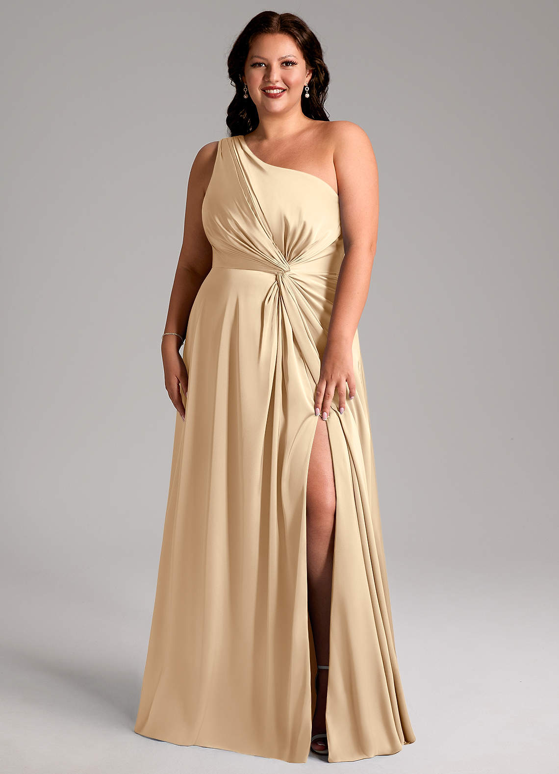Azazie Brooke Jurken voor bruidsmeisjes Jurk van Stretch Satijn met A-Lijn One-Shoulder Champagne image7