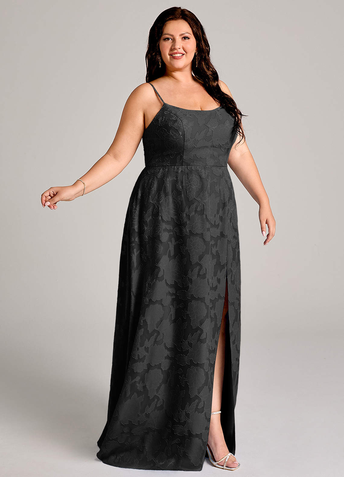 Azazie Moira Bridesmaid Dresses Black A-Line Side Slit Floral Burnout Dress image8