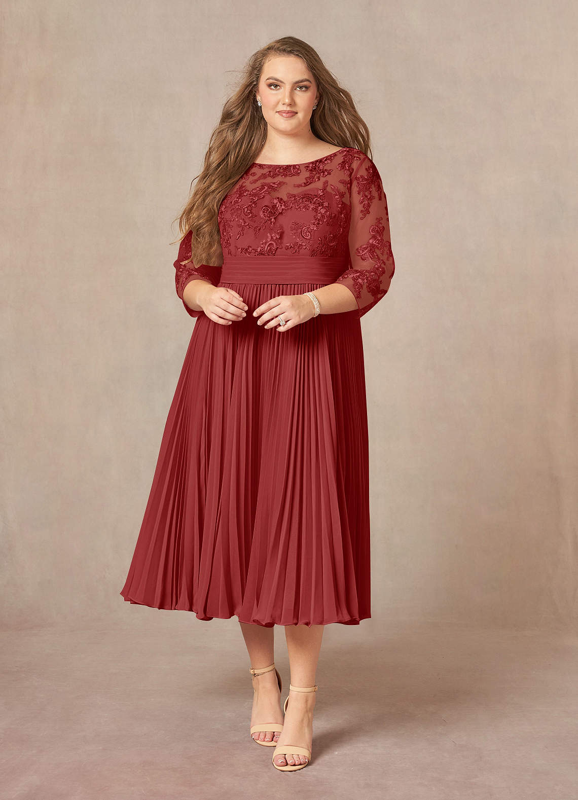 A-Line Lace Applique Chiffon Tea-Length Dress Ocean Blue main image 1