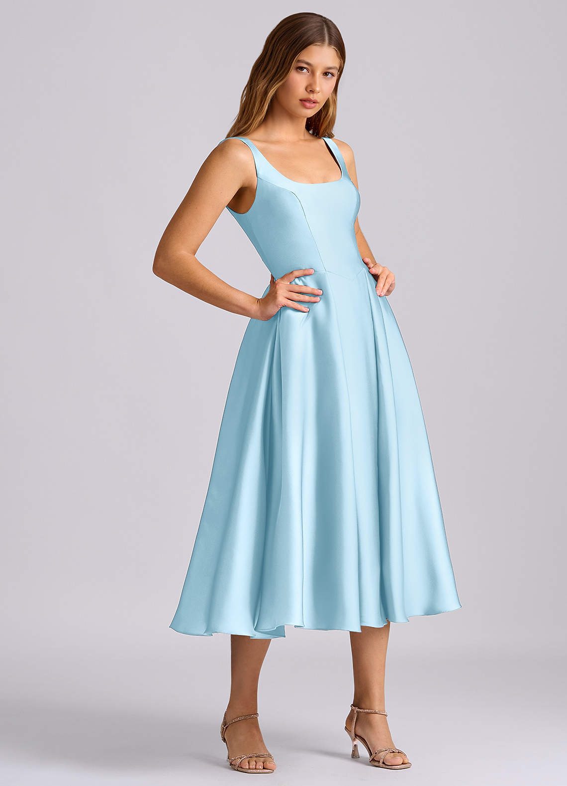 Azazie A-Line Square Neck Tea-Length Stretch Satin Bridesmaid Dresses - Powder Blue