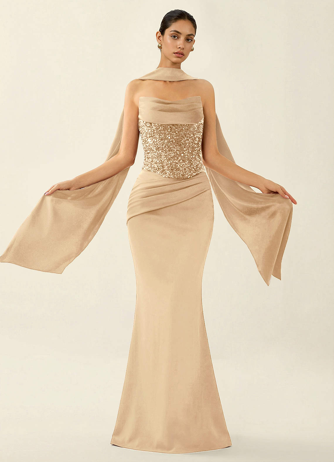 Melisande Champagne Sparkly Corset Lace Up Back Mermaid Prom Dress