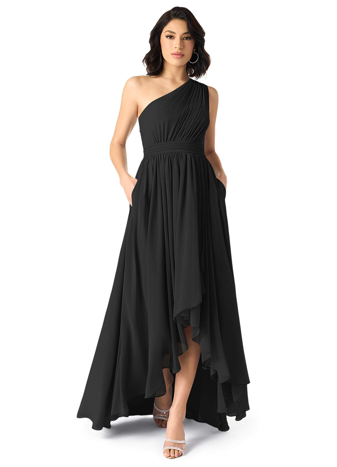 Azazie Mathilda Robes de demoiselle d'honneur Robe Trapèze en Mousseline de soie Ue épaule Noir image1