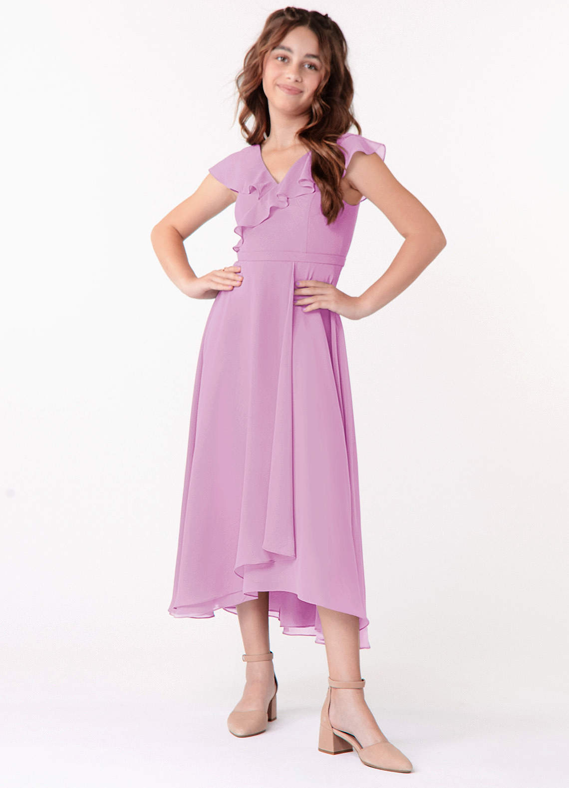 Azazie Posie Junior Candy Pink A-Line Ruched Chiffon Dress image3