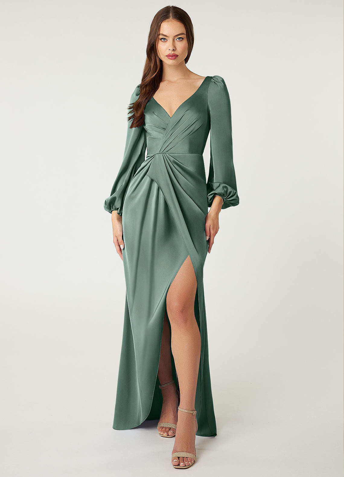 Azazie Mel Bridesmaid Dresses Eucalyptus Sheath Long Sleeve Stretch Satin Dress image1