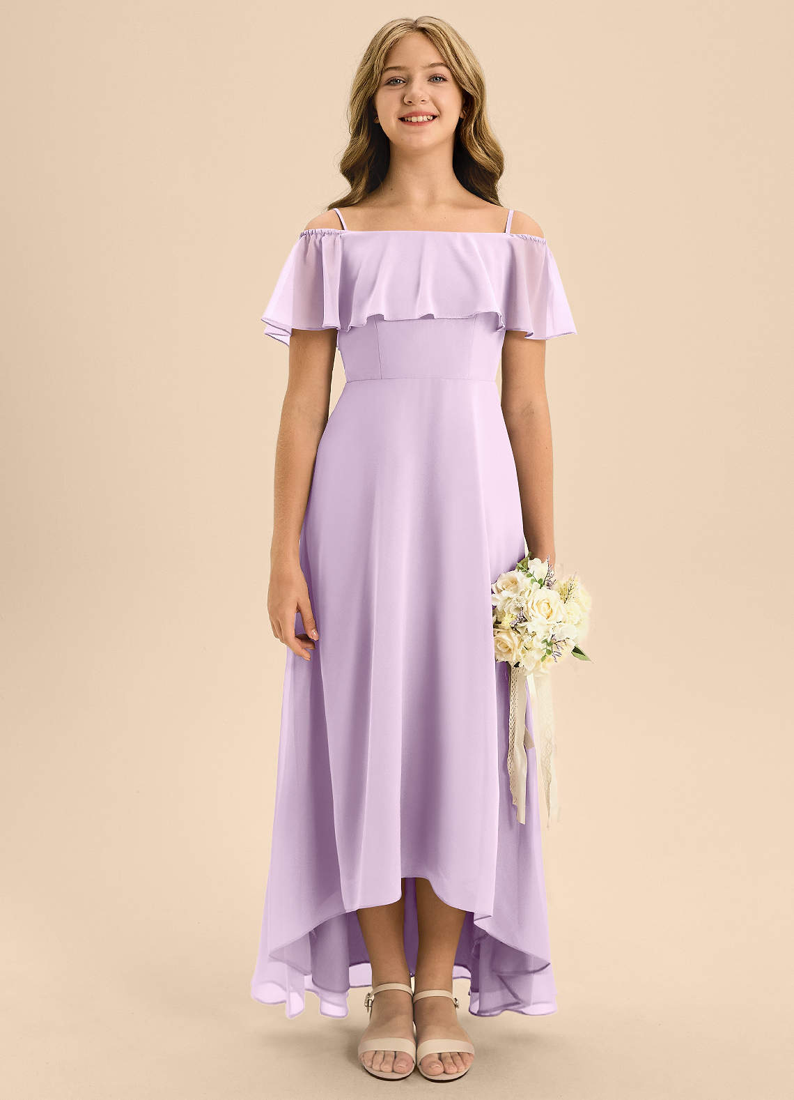 Azazie Maggie Junior A-Linie Schulterfrei Chiffon Kleid Frostiges Flieder image1