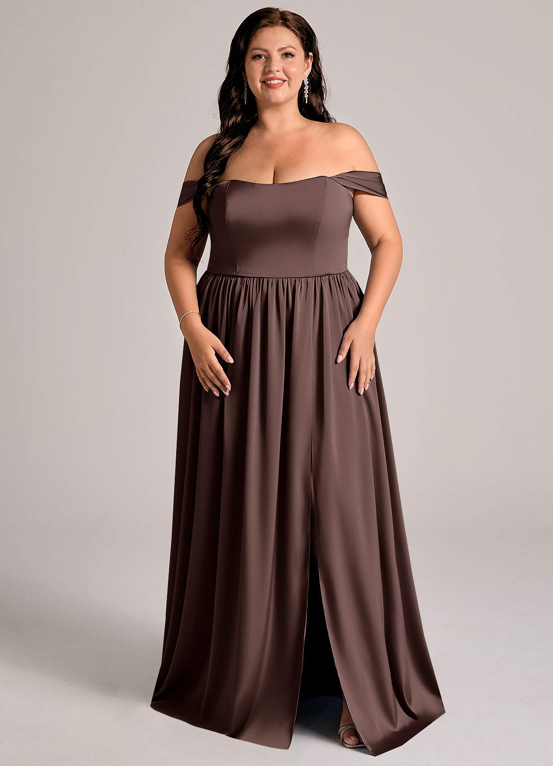 Azazie Calianna Bridesmaid Dresses Ganache A-Line Off the Shoulder Stretch Satin Convertible Dress image1