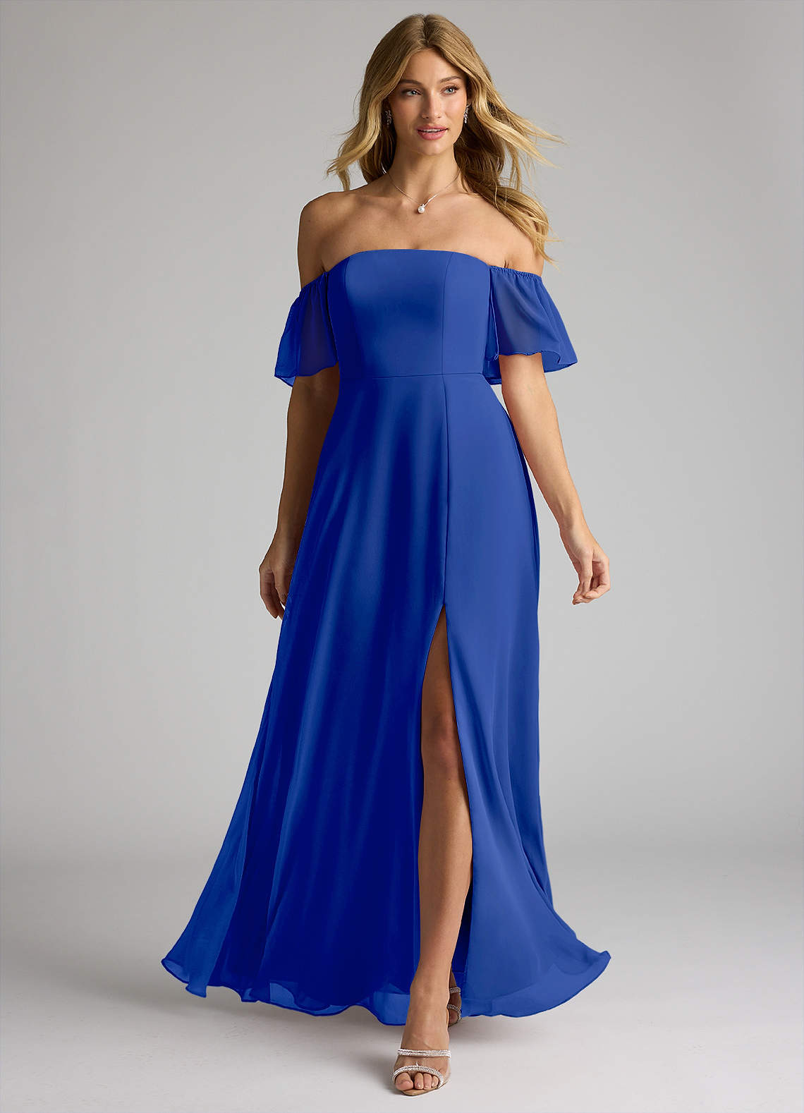 Azazie Sue Bridesmaid Dresses Royal Blue A-Line Off the Shoulder Chiffon Convertible Dress image1