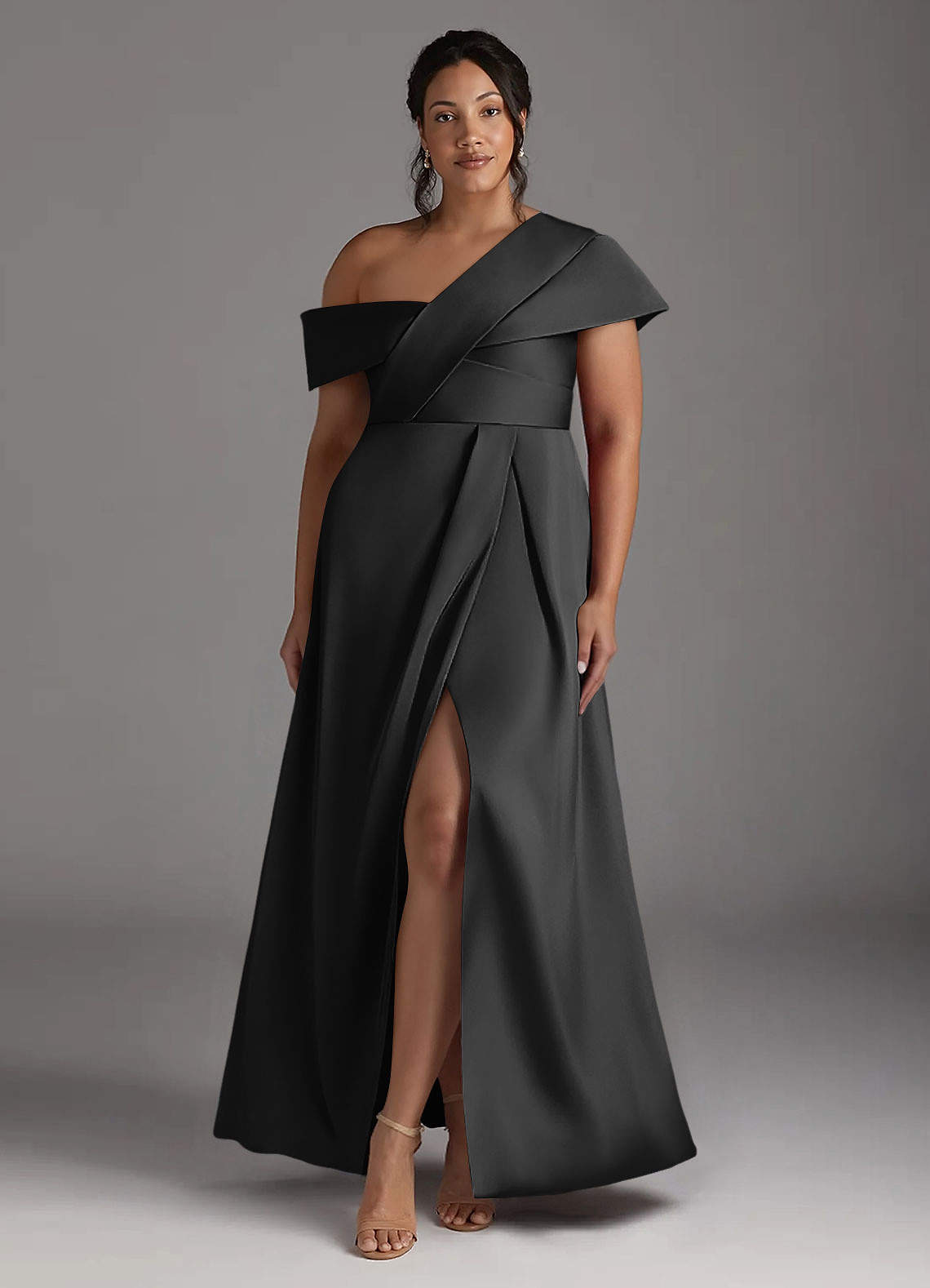 Azazie Milton Mother of the Bride Dresses Black A-Line Pleated Stretch Satin Dress image8