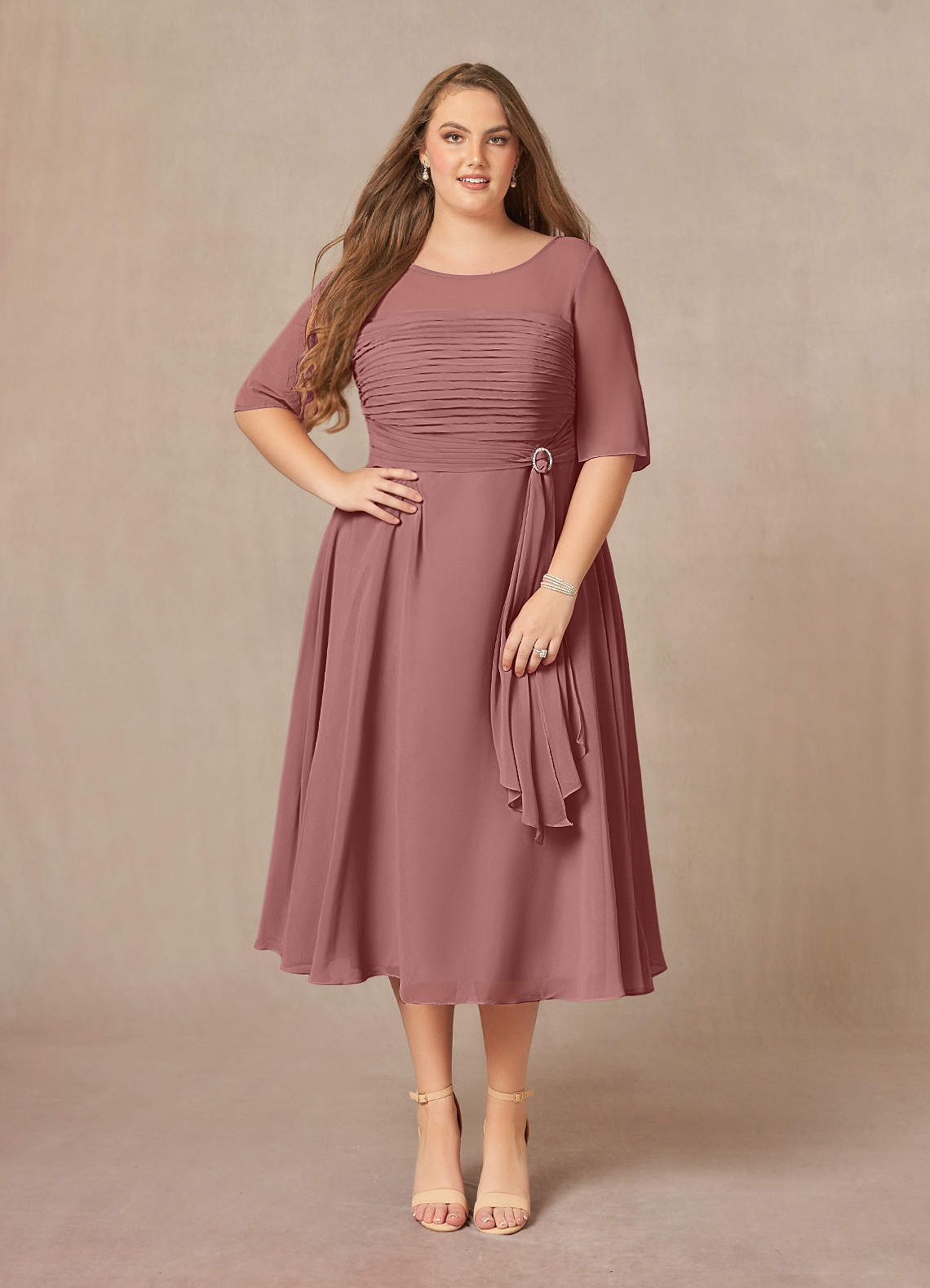 Azazie Naomi Mother of the Bride Dresses Desert Rose A-Line Boatneck Pleated Chiffon Dress image1