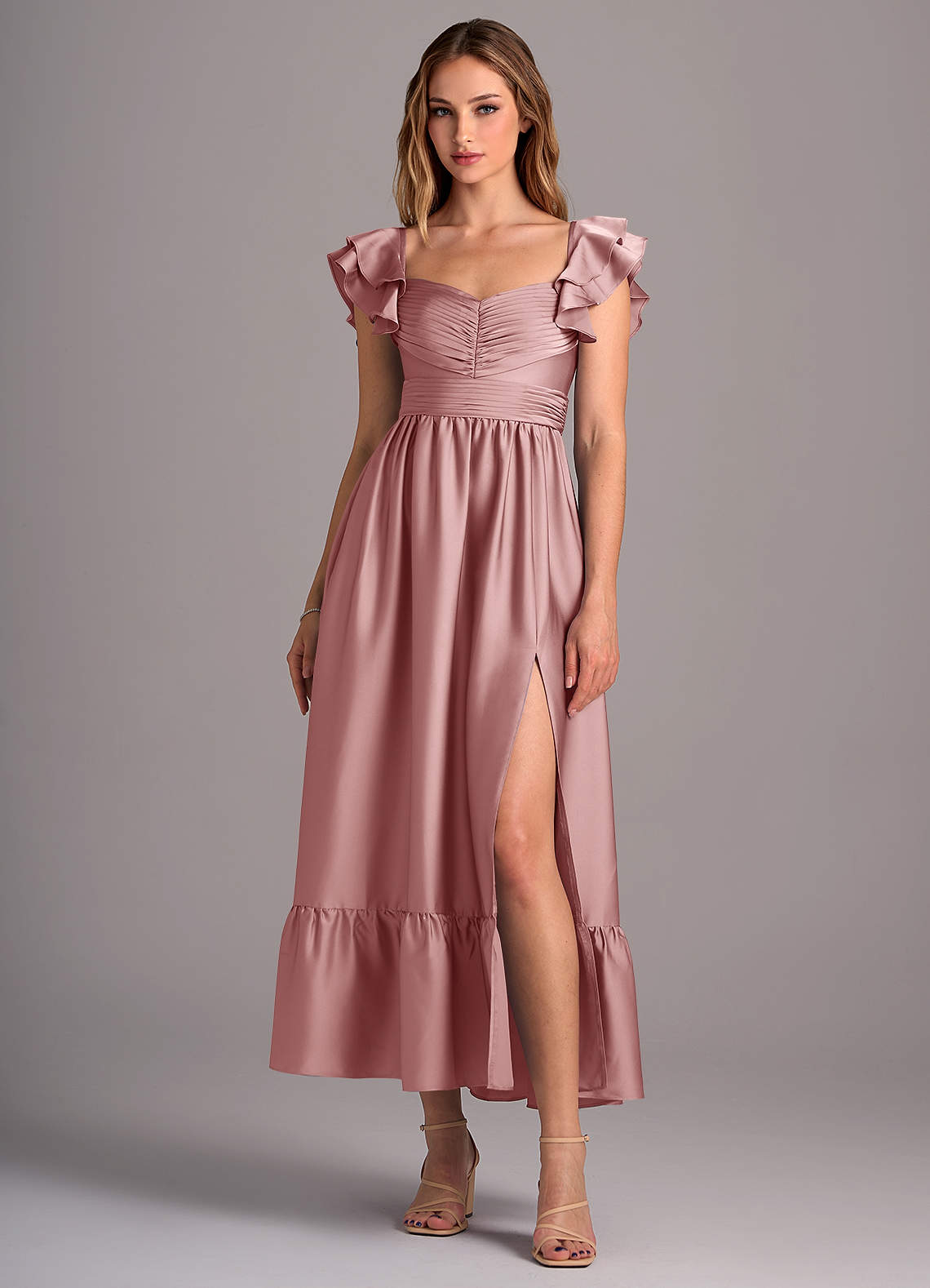 Azazie Anaya Robes de demoiselle d'honneur Robe Trapèze Convertible en Satin extensible Encolure en Forme de Cœur Rose Poussiéreuse image1