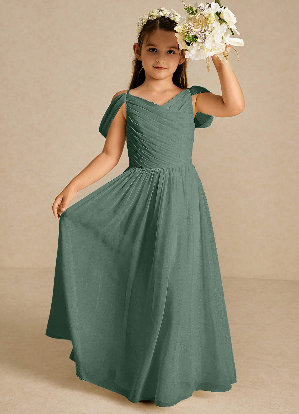 Azazie Chelle Flower Girl Dresses Eucalyptus A-Line Pleated Chiffon Dress image1
