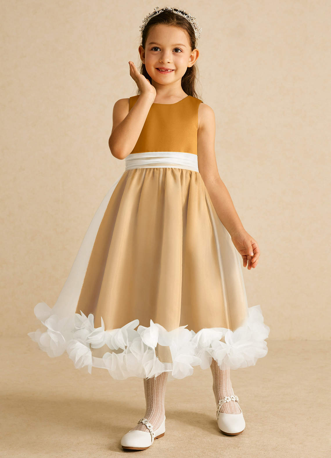 Azazie Stardust Flower Girl Dresses Butterscotch A-Line Sleeveless Organza Dress image4