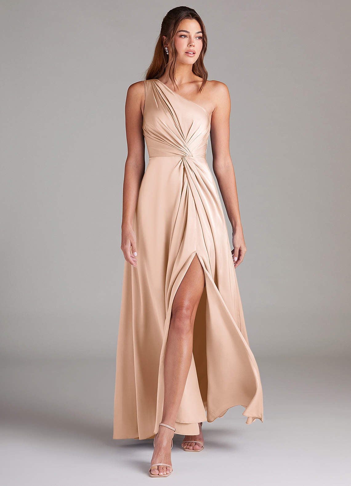 Azazie Brooke Vestidos de madrinha de casamento Vestido Rosa Corado de Cetim elástico de Linha A com Um ombro image2
