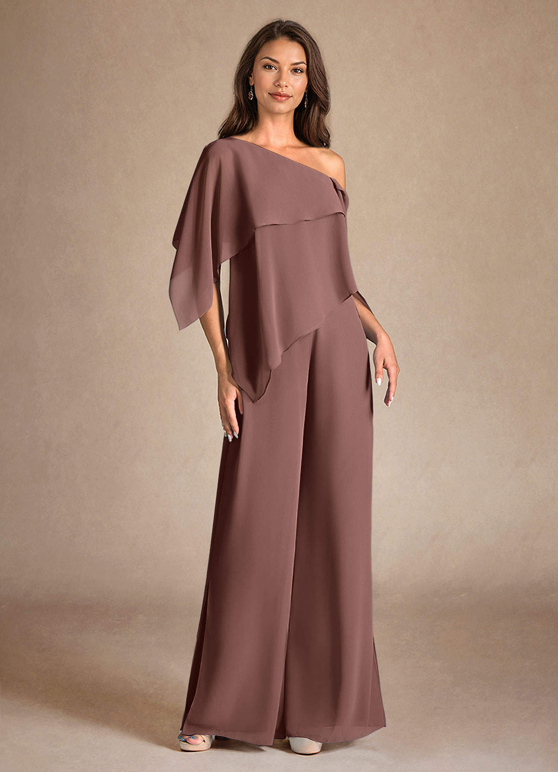Azazie Halima Mother of the Bride Dresses Espresso Jumpsuit/Pantsuit Side Slit Chiffon Dress image4