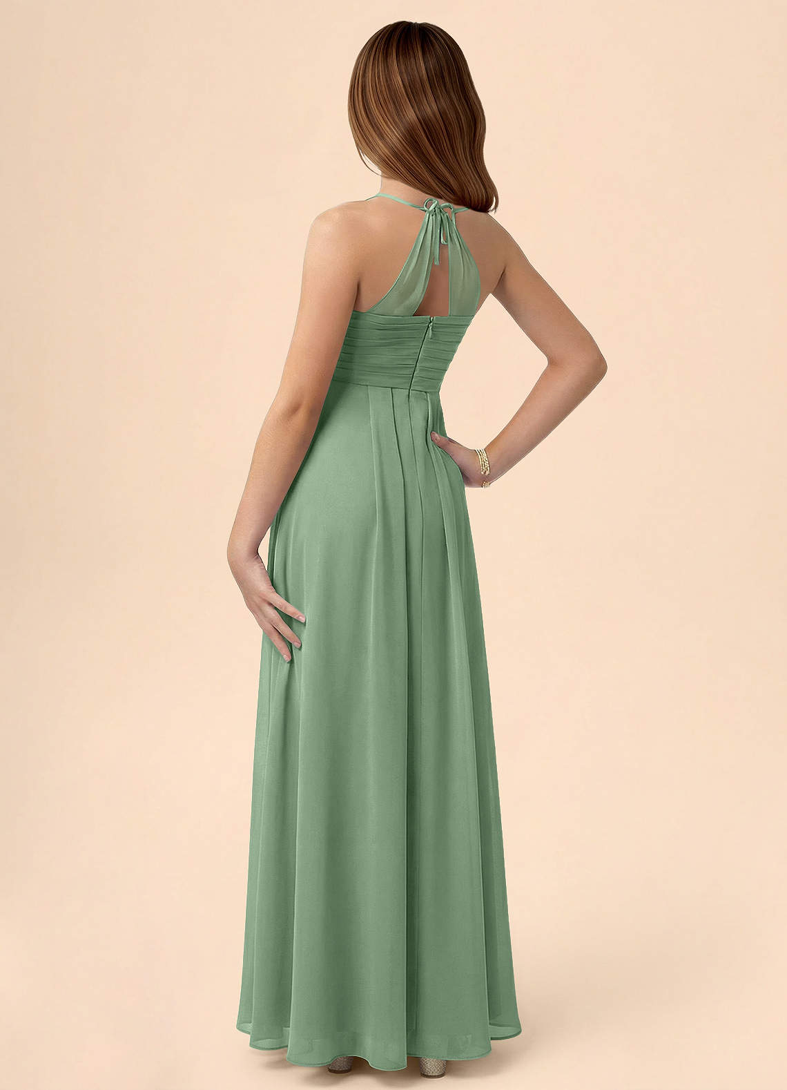 Azazie Ginny Junior Abito A-Line in Chiffon Plissettato Matcha image1