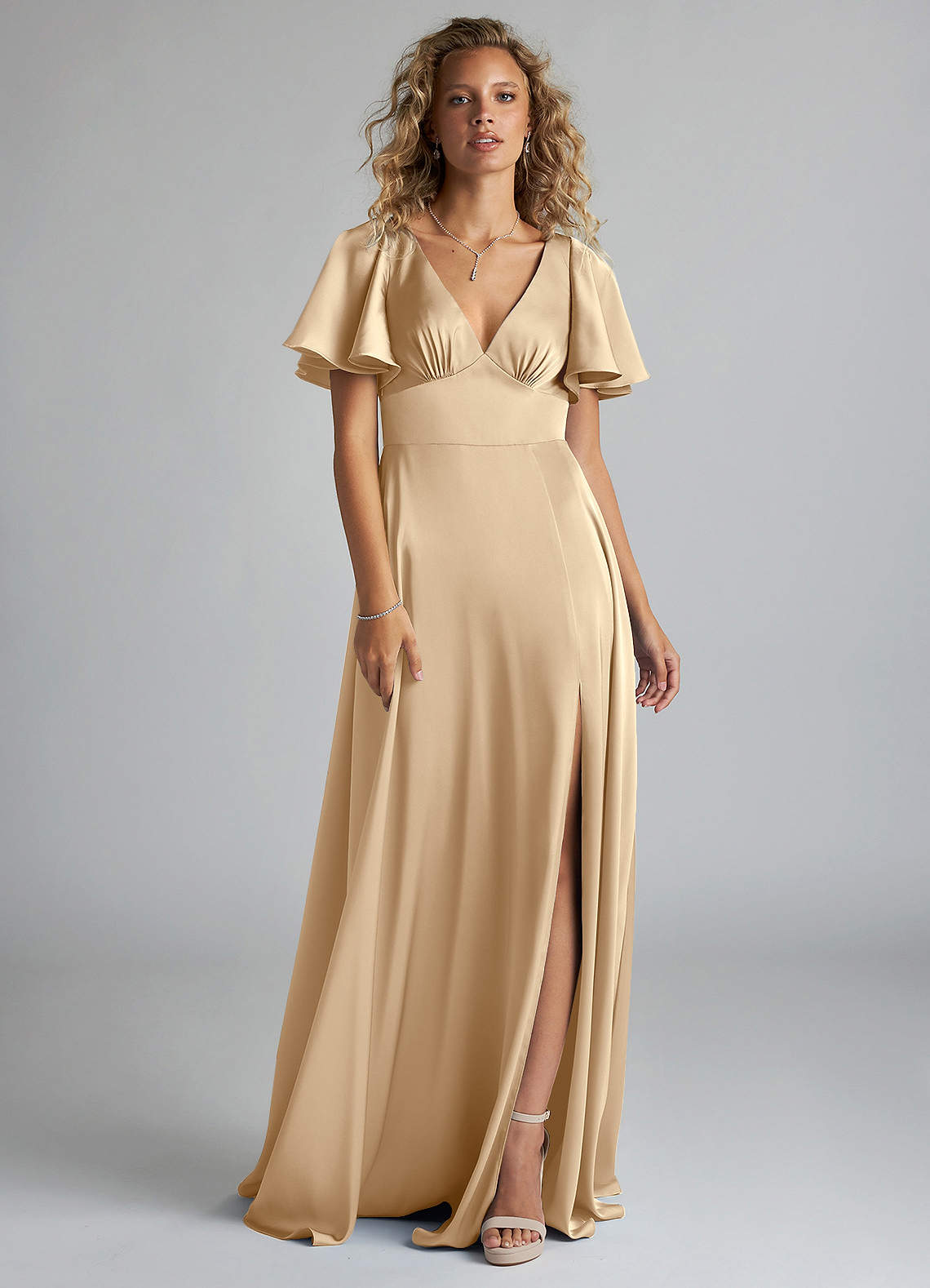 Azazie Kimber Bridesmaid Dresses Champagne A-Line Ruched Stretch Satin Dress image2