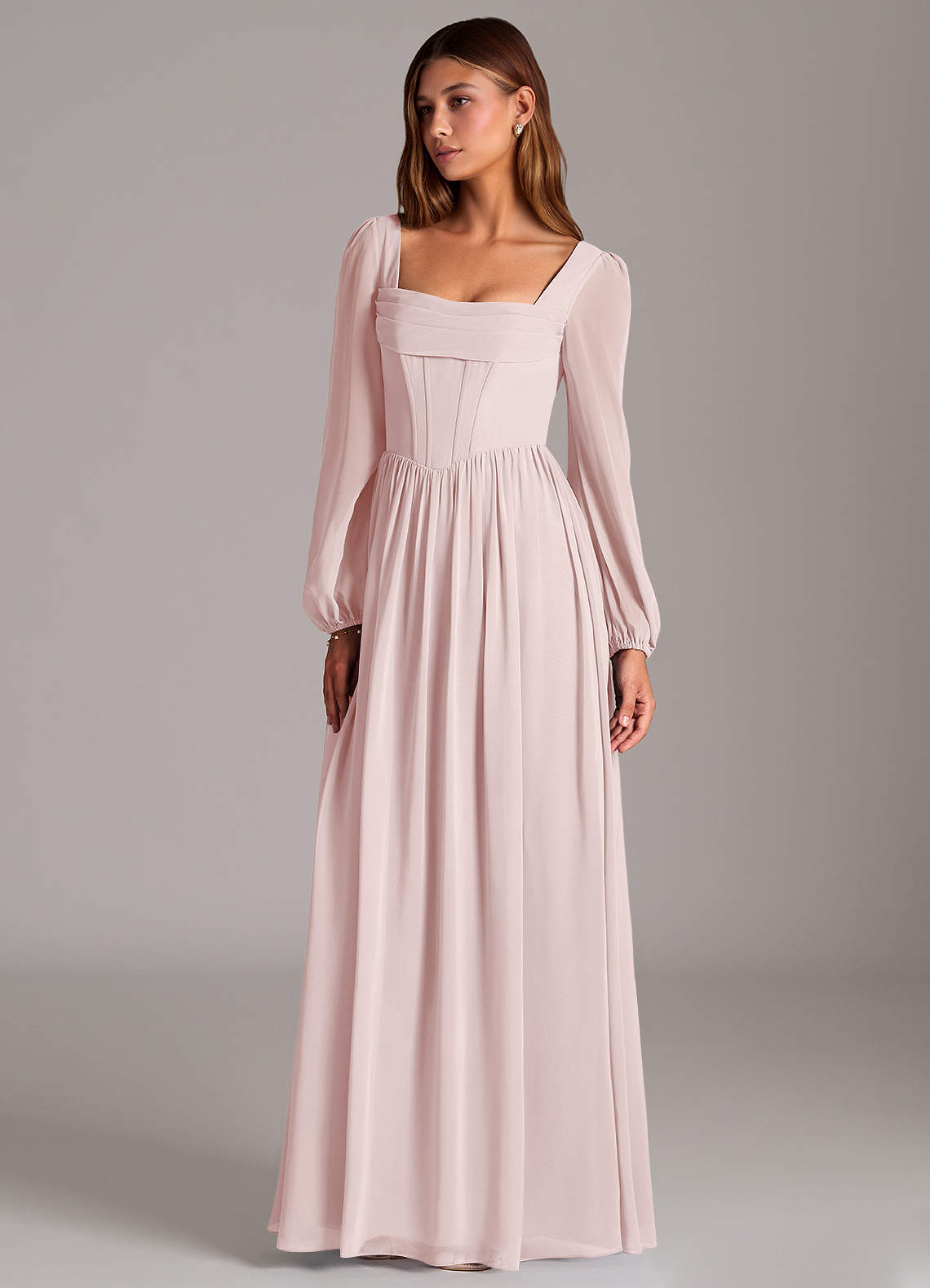 Azazie Hattie Bridesmaid Dresses Blushing Pink A-Line Corset Chiffon Dress image1