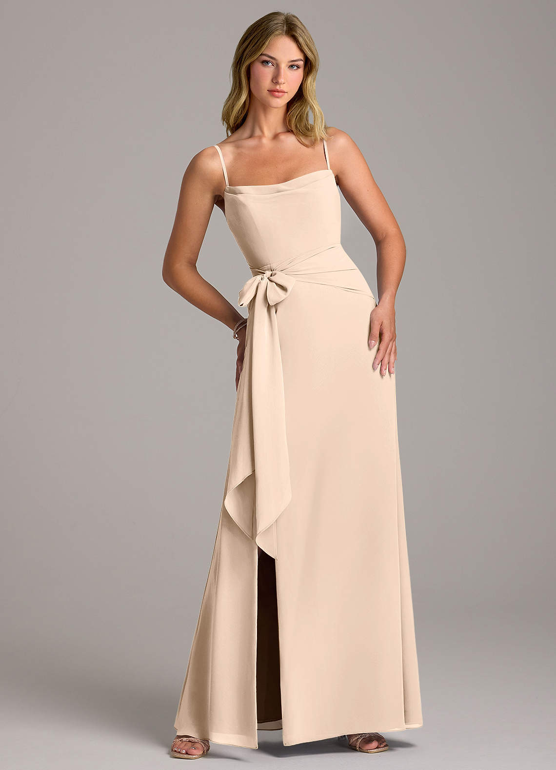 Azazie Tahlia Bridesmaid Dresses White Alabaster A-Line with Belt Chiffon Dress image1