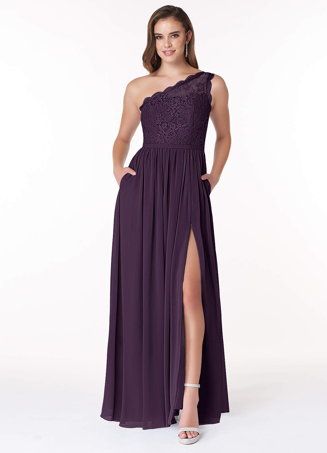 Azazie Demi Bridesmaid Dresses Plum A-Line One Shoulder Chiffon Dress image1