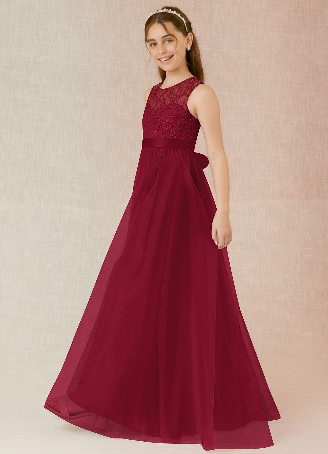 Azazie Georgette Junior Burgundy A-Line Lace Tulle Dress image2
