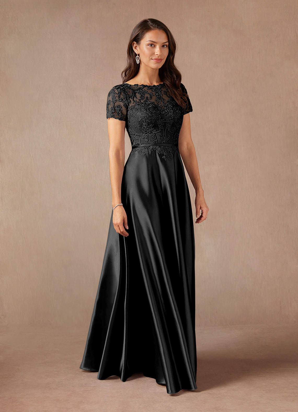 Azazie Adina Black A-Line Lace Metallic Satin Dress | Azazie UK
